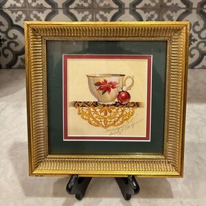 SIGNED BY THE ARTIST! Vintage Framed Teacup Art by Sandy Lynam Clough- EUC
